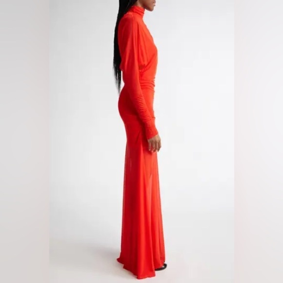 Proenza Schouler Paula Draped Jersey Turtleneck Maxi Dress Red Sheer Sz 12 - Picture 4 of 17